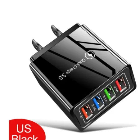 Simple Luminous 4-port USB mobile phone charger with LED light and international plug options