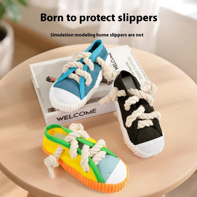 Plastic slipper-shaped dog chew toy in yellow colour for teething relief