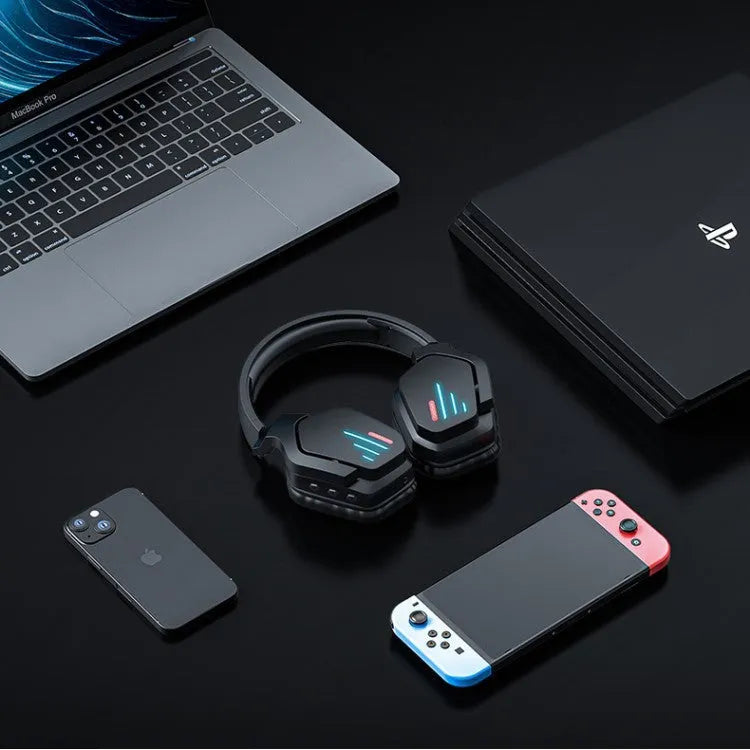 Luminous black wireless headphones with head-mounted design on black background