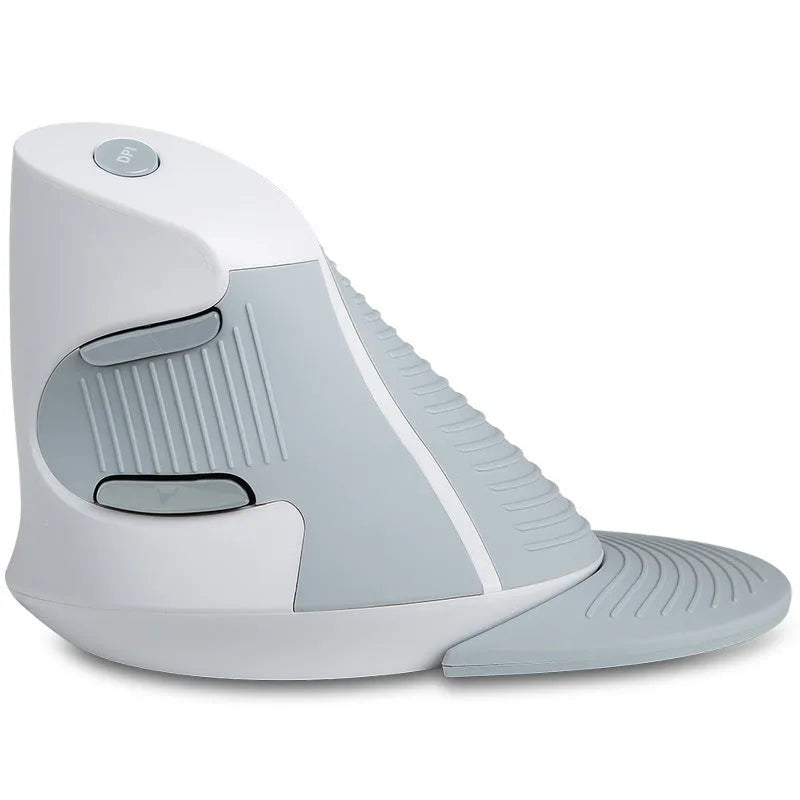 Black and white wireless vertical ergonomic computer mouse with scroll wheel.