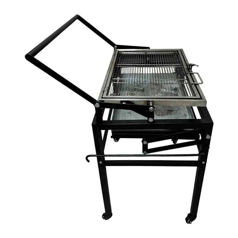 Large black portable charcoal barbecue grill with foldable detachable frame for outdoor cooking