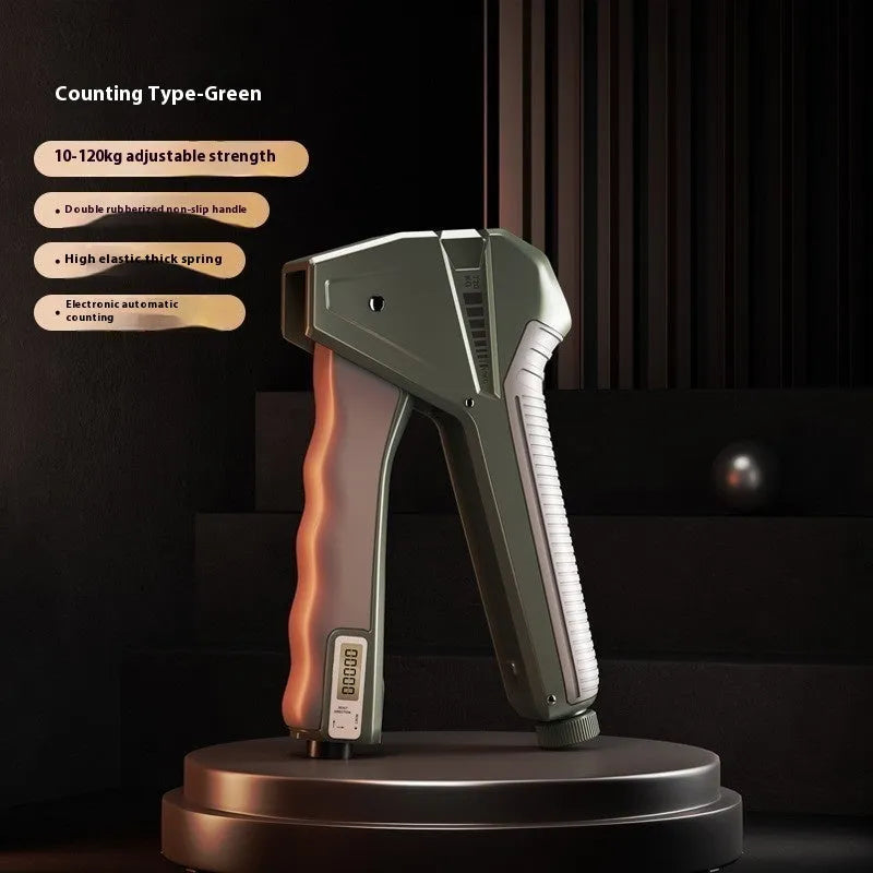 Adjustable hand grip strengthener fitness equipment in black, showing mechanical tension adjustment.