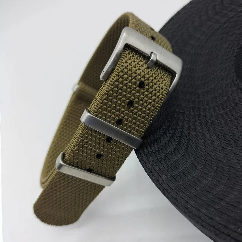 Nylon watch strap replacement band shown in multiple colour options for 20mm and 22mm watches.