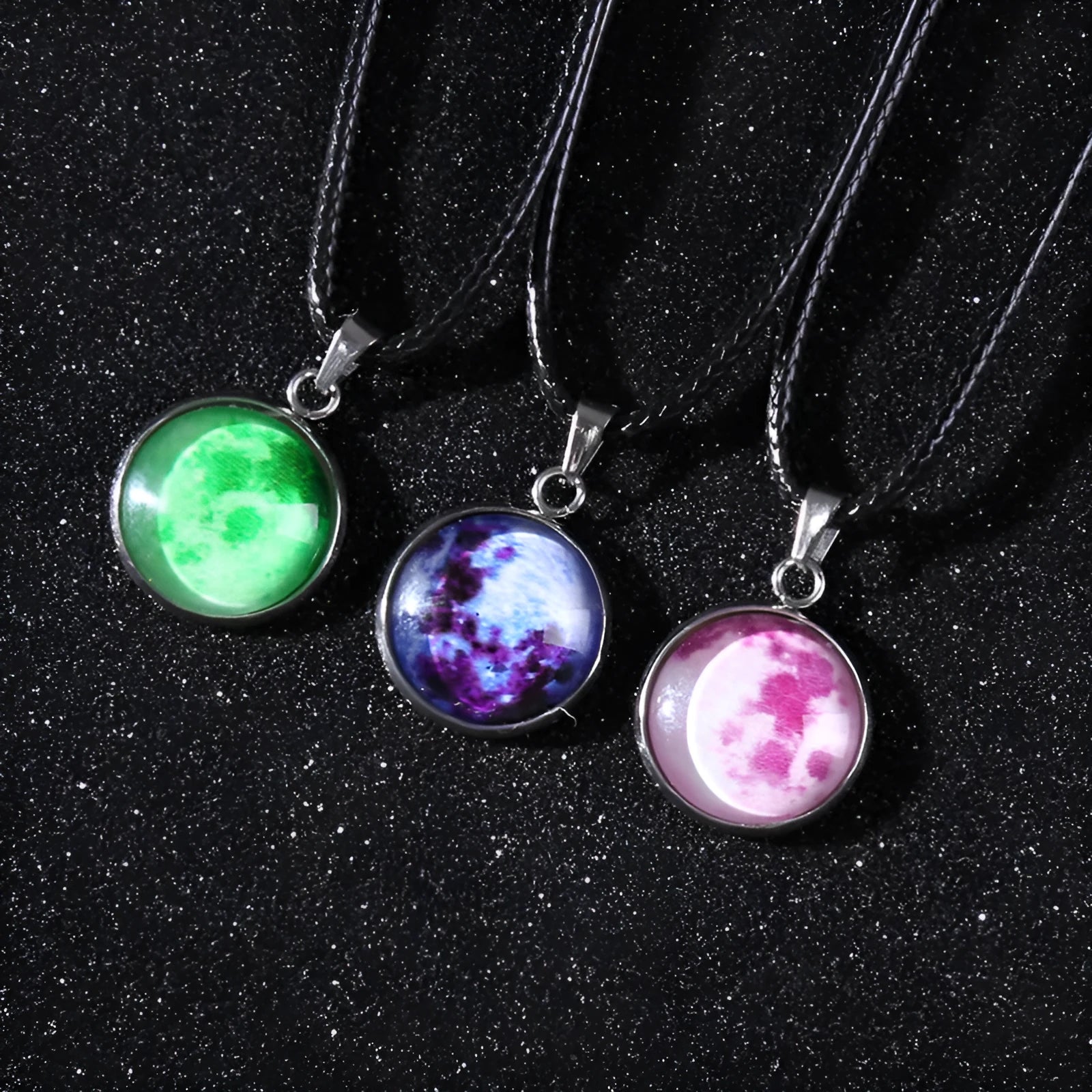 Luminous alloy unisex necklace with organic glass constellation pendant on adjustable glass chain.