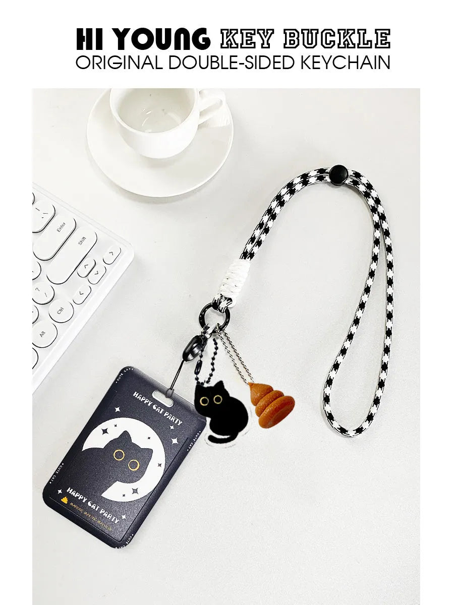 Cute little black cat cartoon design plastic card holder with metal pendant attachment.