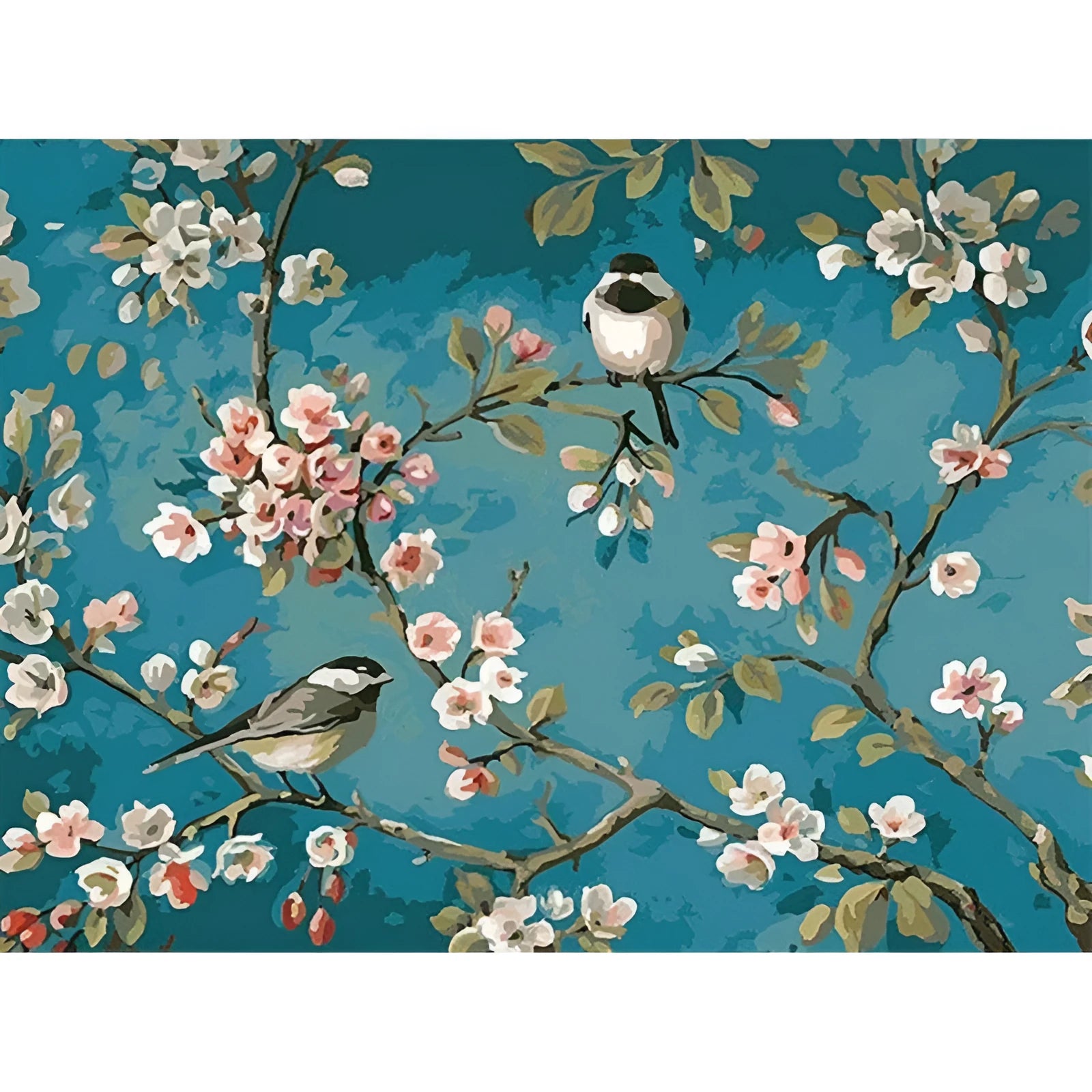 DIY digital oil painting kit showing blue flowers and birds design on 40x50cm linen canvas