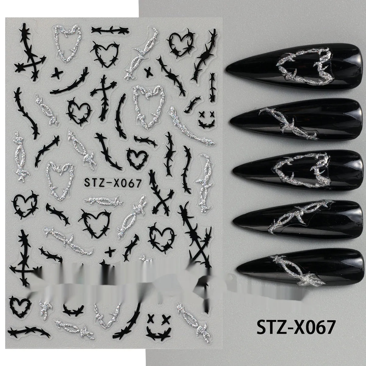 Black and silver strip cartoon nail art stickers on plastic patch