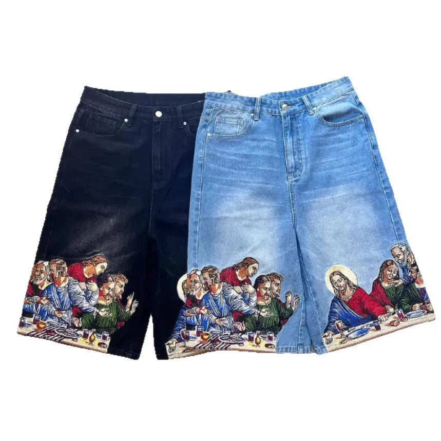 Men's blue cotton cargo shorts with Jesus print on back pocket showing tapered fit