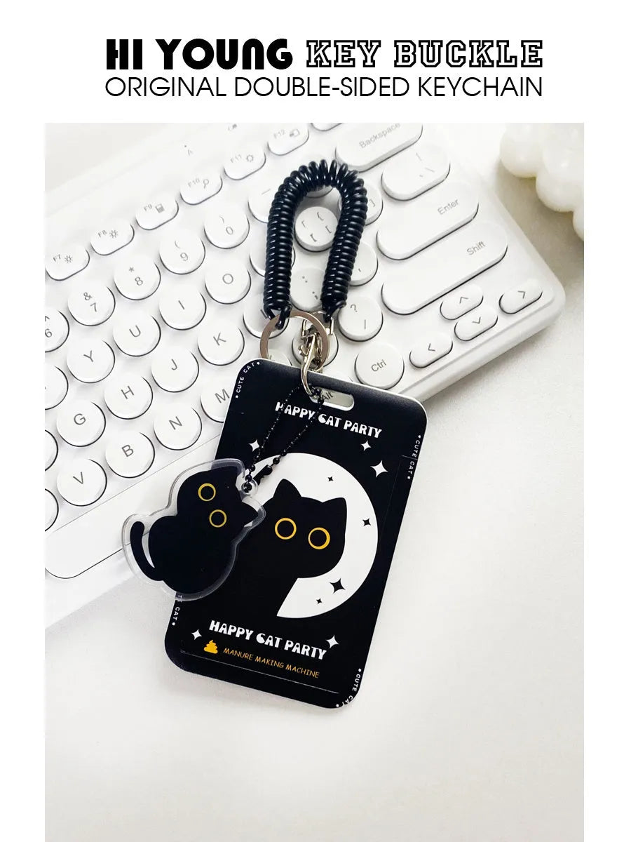 Cute little black cat cartoon design plastic card holder with metal pendant attachment.