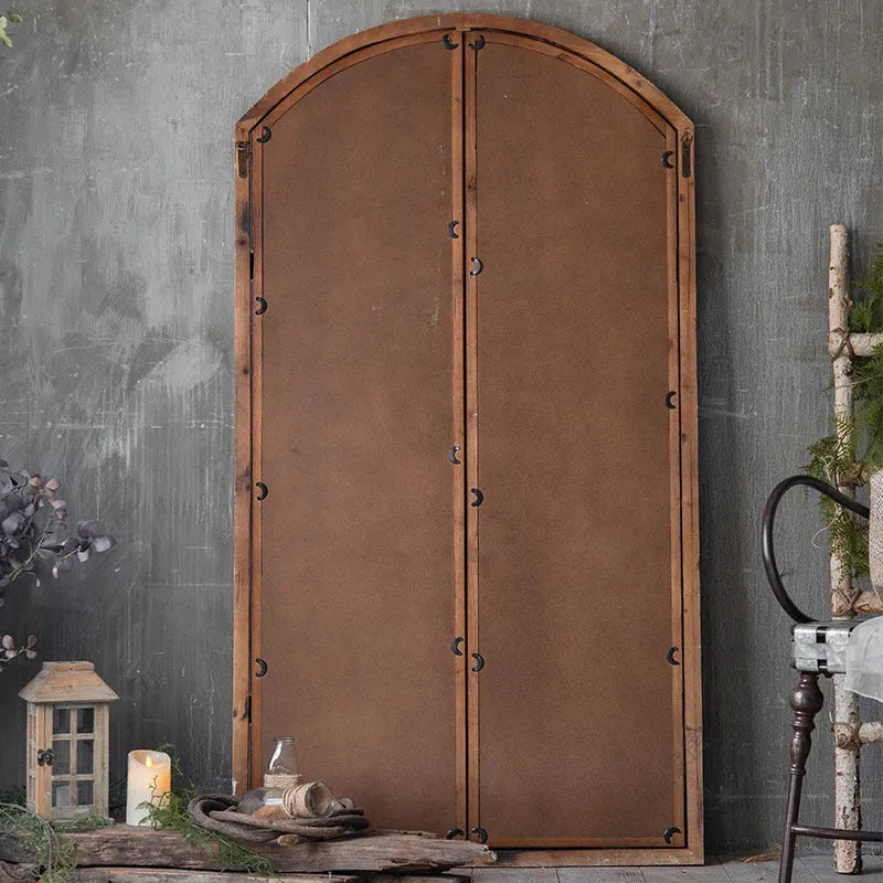 Distressed wooden frame fake window wall mirror with glass panel in log colour