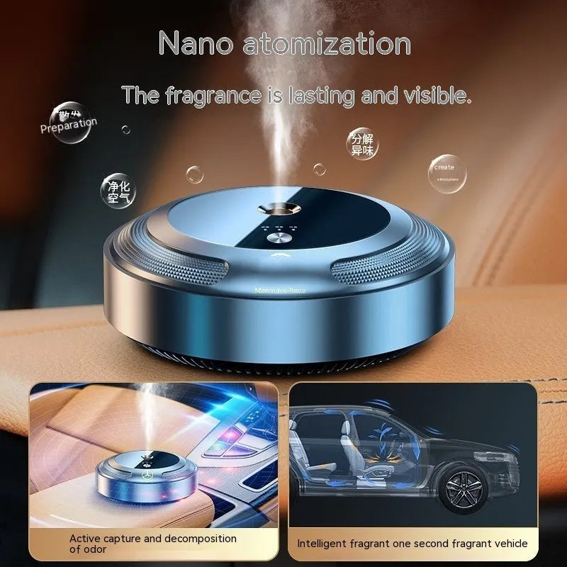 Car air freshener with vehicle logo design and USB charging cable on a car dashboard.