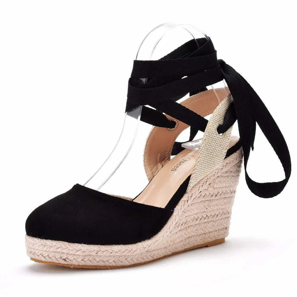Women's red Bohemian platform wedge sandals with beaded tassel buckle strap and round toe.
