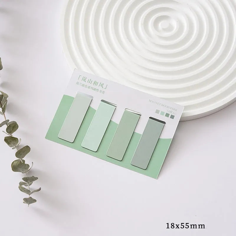 Set of four minimalist Morandi colour block magnetic bookmarks showing magnetic clasp
