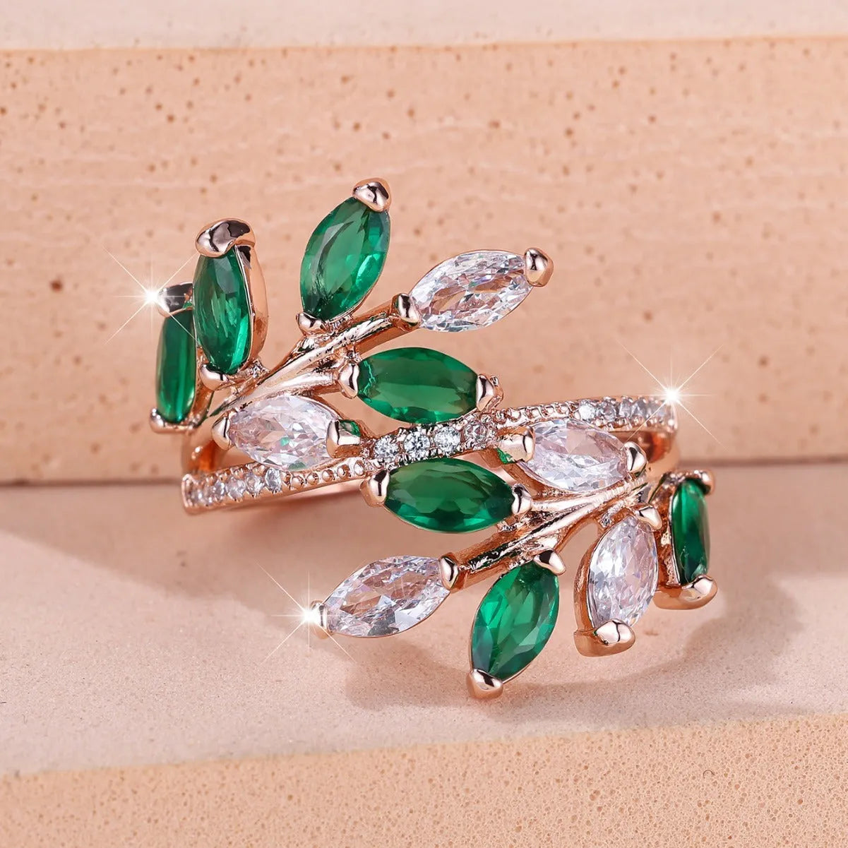 Adjustable horse eye zircon leaf fashion ring in copper with multiple colour options