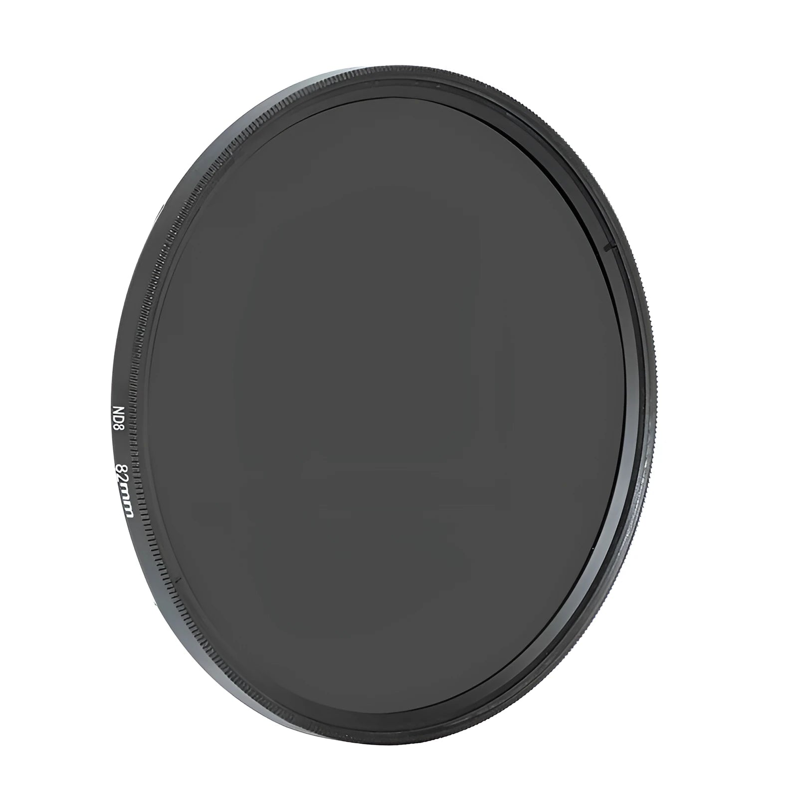 ND8 neutral density camera lens filter with aviation aluminium frame, shown alongside size markings.