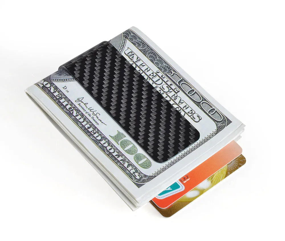 Glossy black carbon fibre money clip with striped pattern on white background
