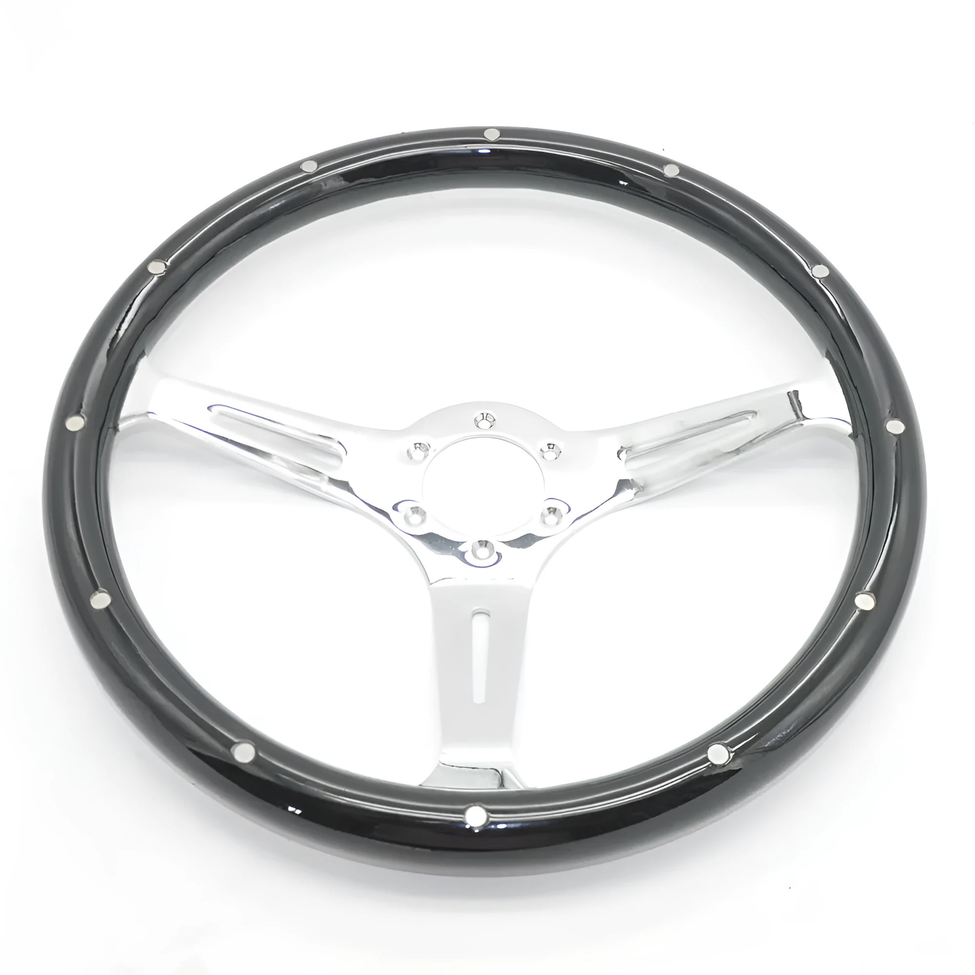 Black wooden steering wheel showing 15-inch diameter and 6-hole bolt pattern for classic car installation