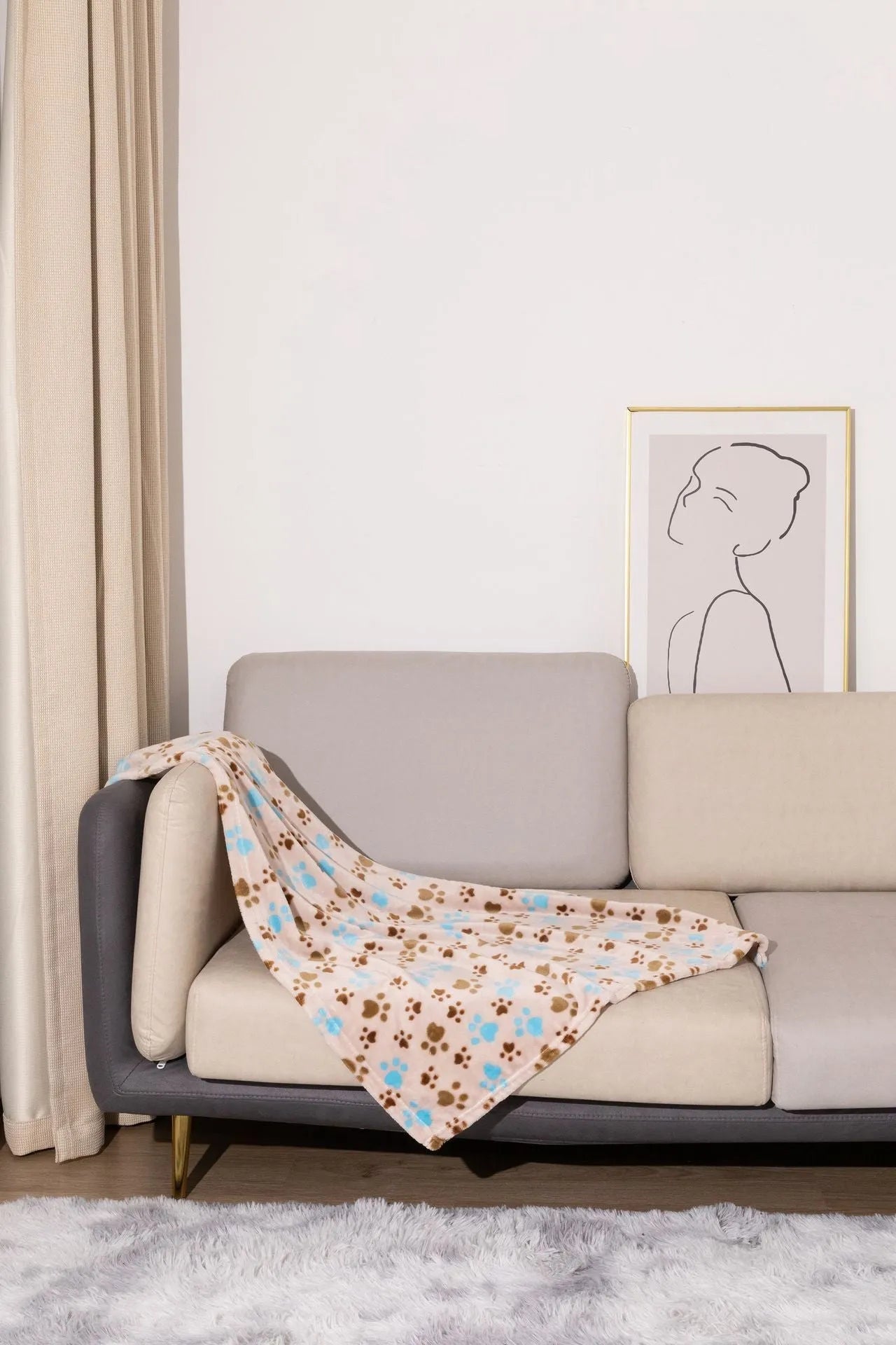 Blue cartoon dog pattern double-sided flannel pet blanket shown at 100x120cm size.