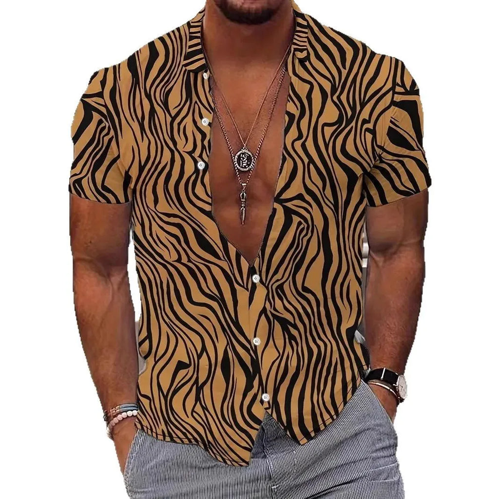 Men's slim fit geometric print lapel shirt in polyester fabric with short sleeves