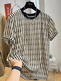 Black striped men's loose fit short sleeve casual shirt made from silk and linen fabric.