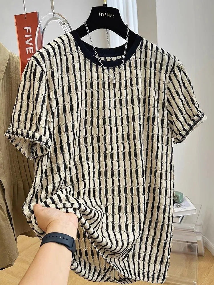 Black striped men's loose fit short sleeve casual shirt made from silk and linen fabric.