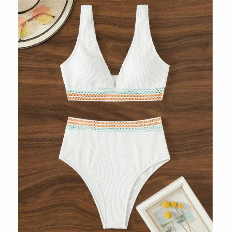 Women's high waist split bikini in solid colour with nylon fabric showing front and back views