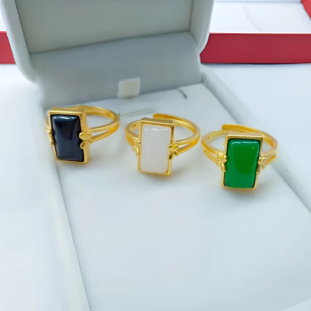 Adjustable brass gold-plated ring with long gemstone in national style design