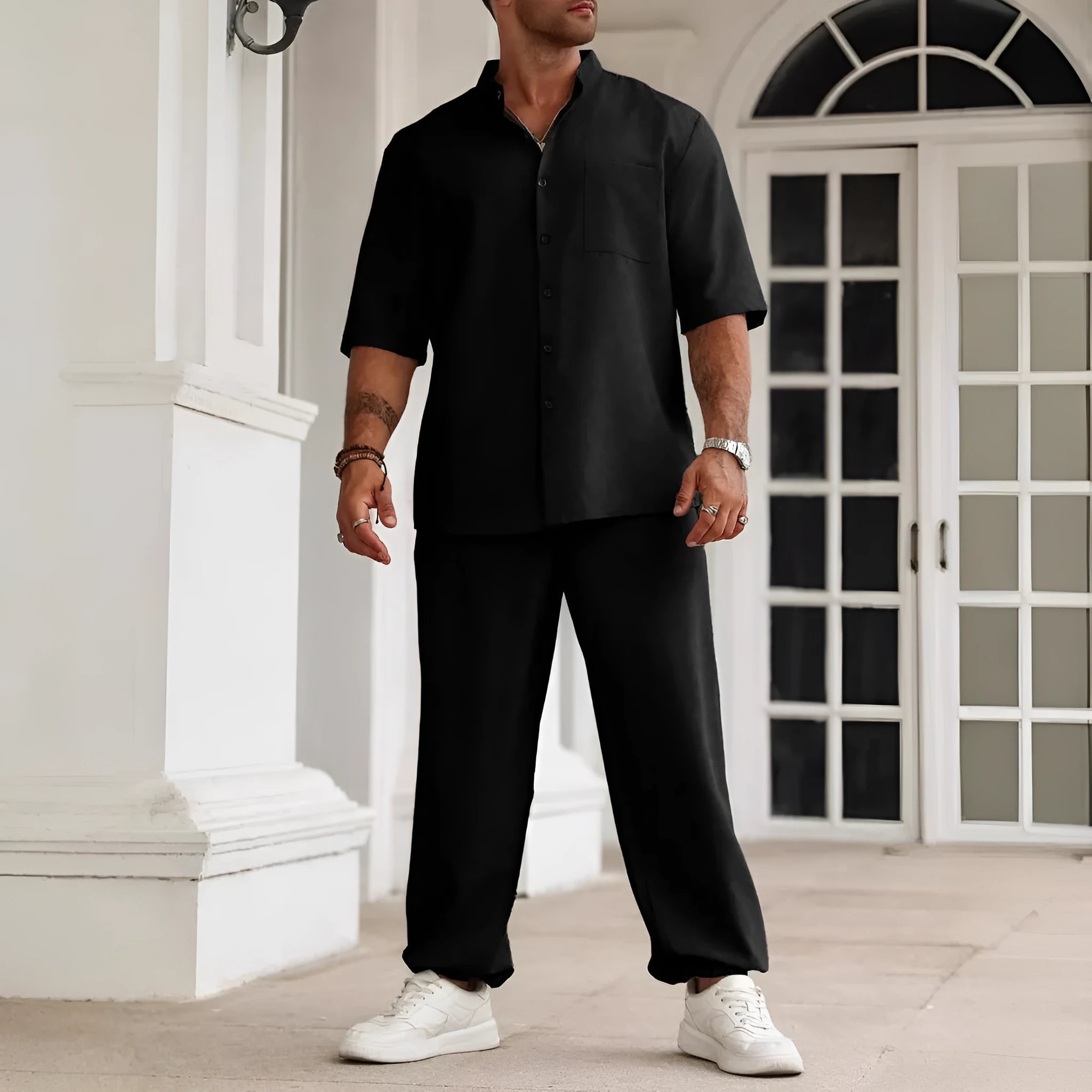 Men's casual cotton linen trouser set with short-sleeved shirt in black, grey, and apricot colours