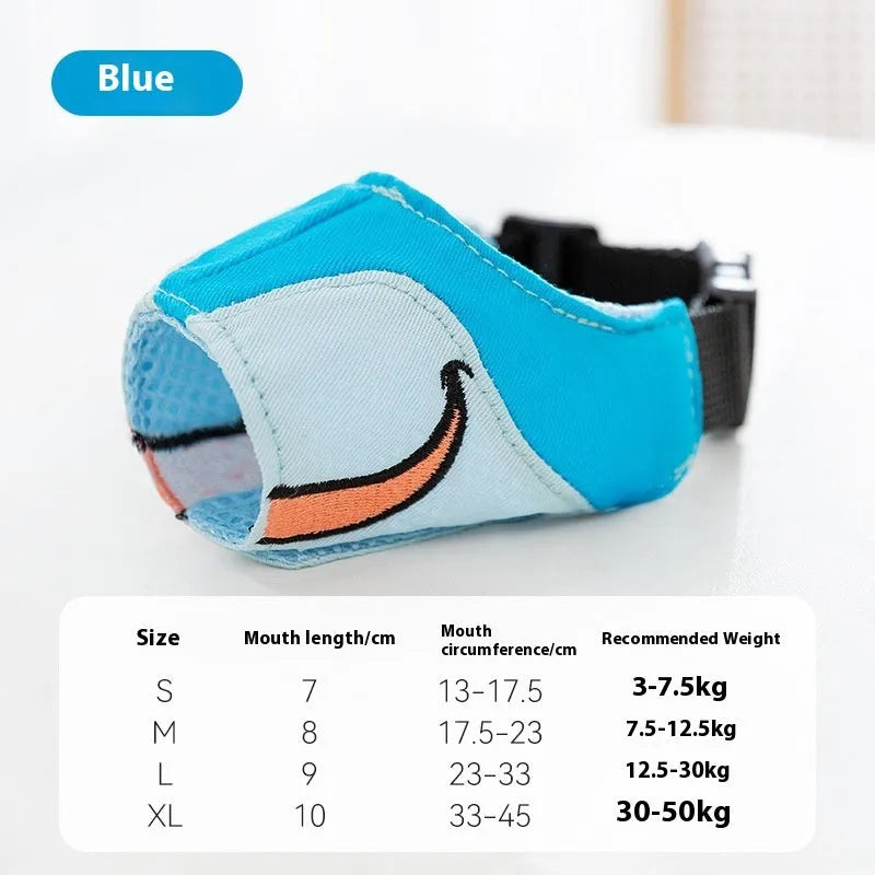 Canvas dog muzzle in Ollie Brown Bear or Bondi Blue Shark colour, shown in S, M, L, XL sizes for weight-based fitting.