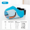 Canvas dog muzzle in Ollie Brown Bear or Bondi Blue Shark colour, shown in S, M, L, XL sizes for weight-based fitting.