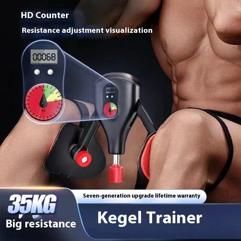 Men's Kegel trainer in black or grey with strap and handle attachment options for PC muscle exercise