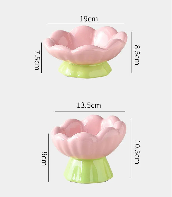 Ceramic Raised Cat Bowl Shallow Wide Flower Design Anti-Vomiting And Whisker Fatigue Non-Slip Tilted 15-Degree Angle Cute Cat Food And Water Bowls For Indoor Cats Pink