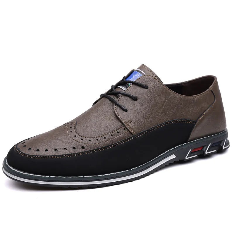Men's black leather toe cap casual shoes with a fabric upper and rubber sole on a white background.