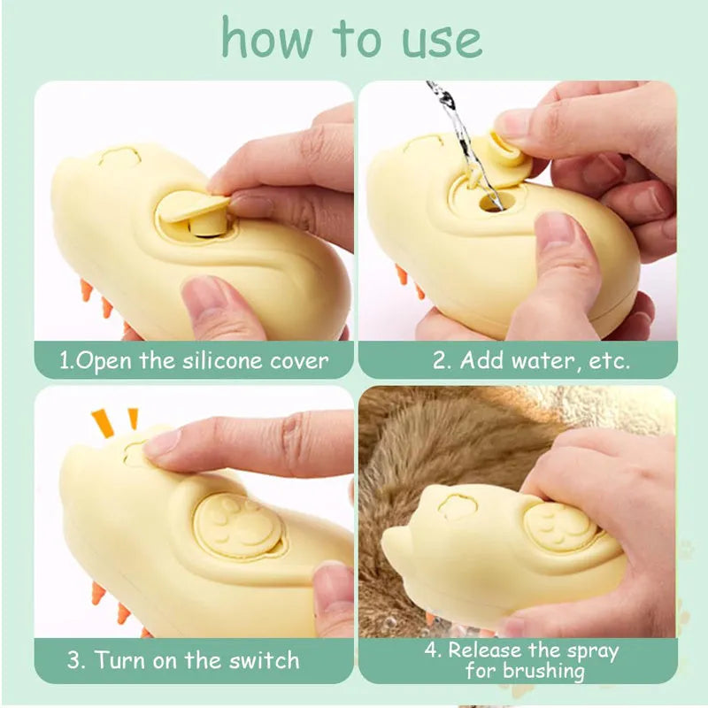 Steam generating pet grooming brush for cats and dogs on a white background.