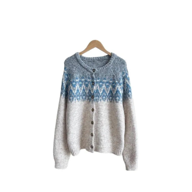 Women's brown jacquard pattern sweater coat with loose fit and long sleeves