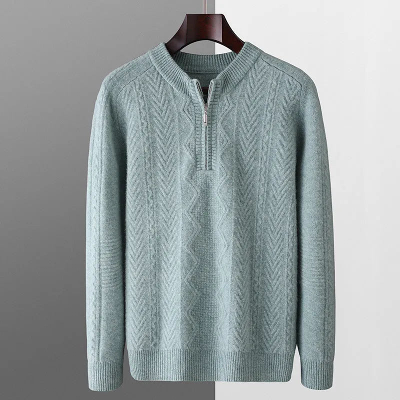 Men's grey diamond pattern wool sweater with half zip front and long sleeves