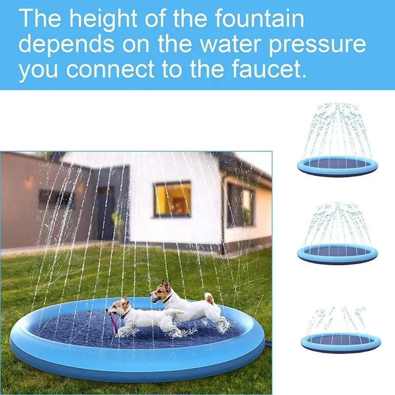 Inflatable blue dog pool splash pad with anti-slip texture, partially filled with water in a garden.