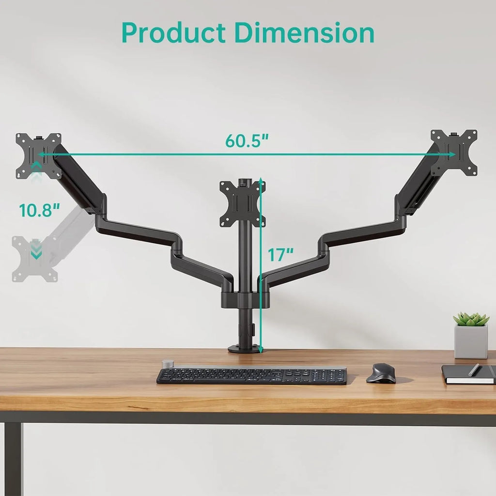 Black three-arm gas spring monitor mount for 27-inch screens with aluminium alloy construction