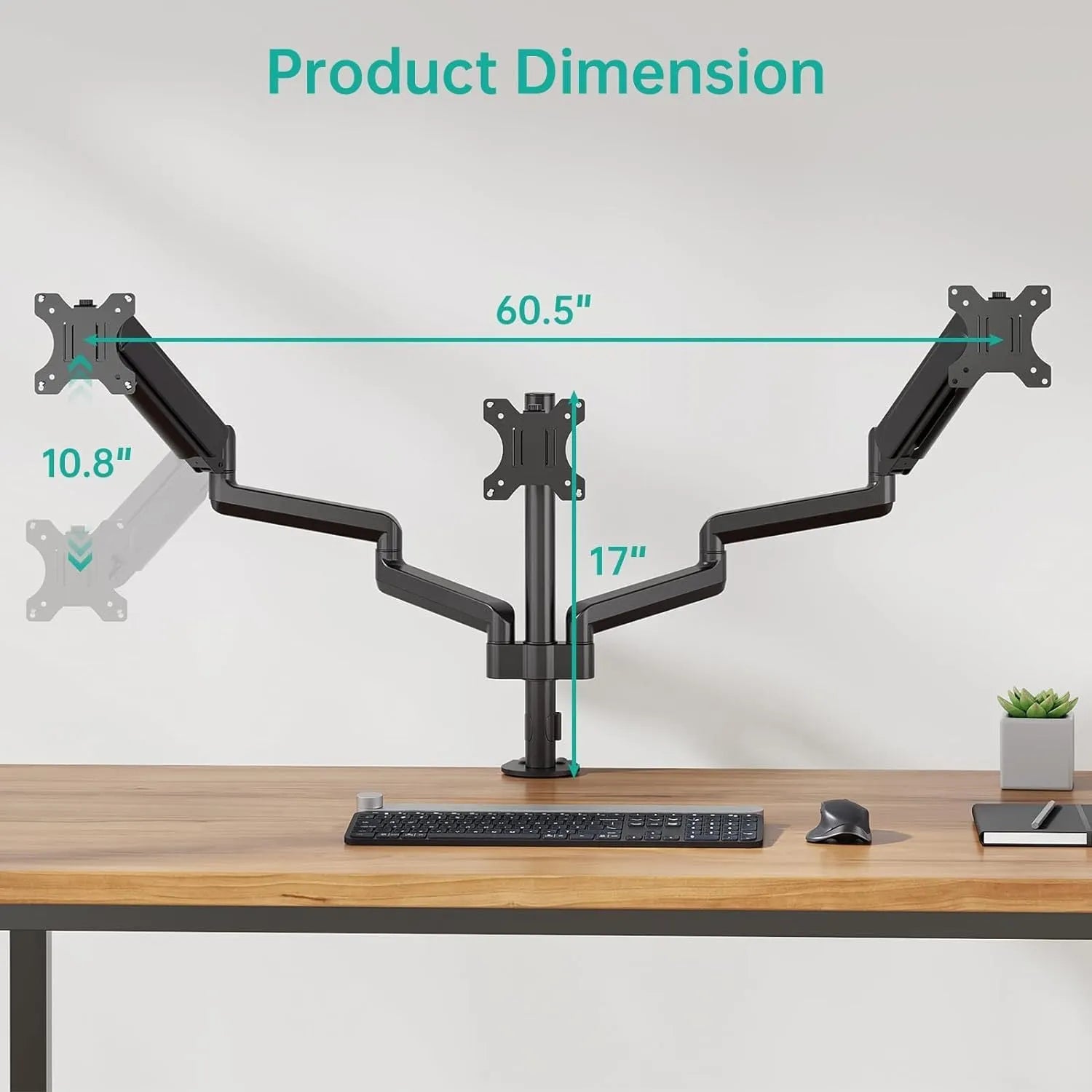 Black three-arm gas spring monitor mount for 27-inch screens with aluminium alloy construction