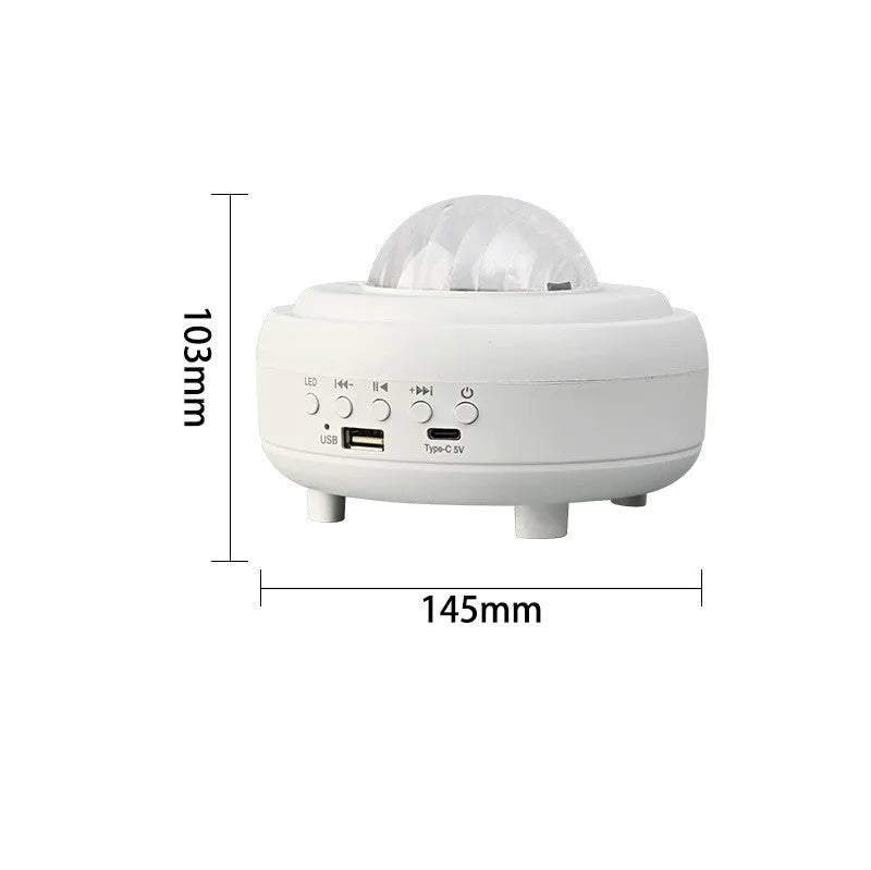White Bluetooth galaxy star projector night light showing starry sky projection on ceiling