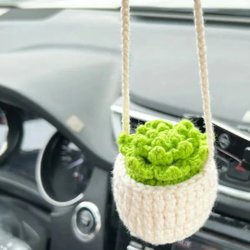 Green and white knitted wool car plant decoration with 25cm hanging rope