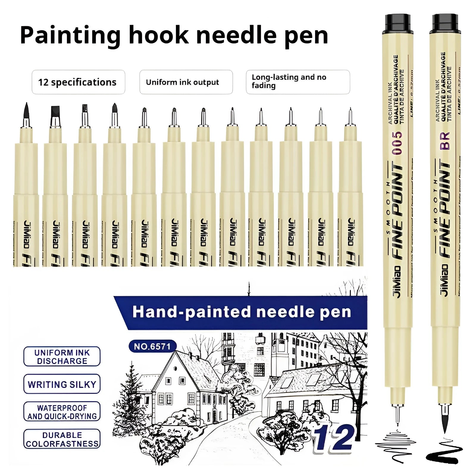 Needle pen with cartoon syringe design showing 133mm black plastic body for drawing and writing