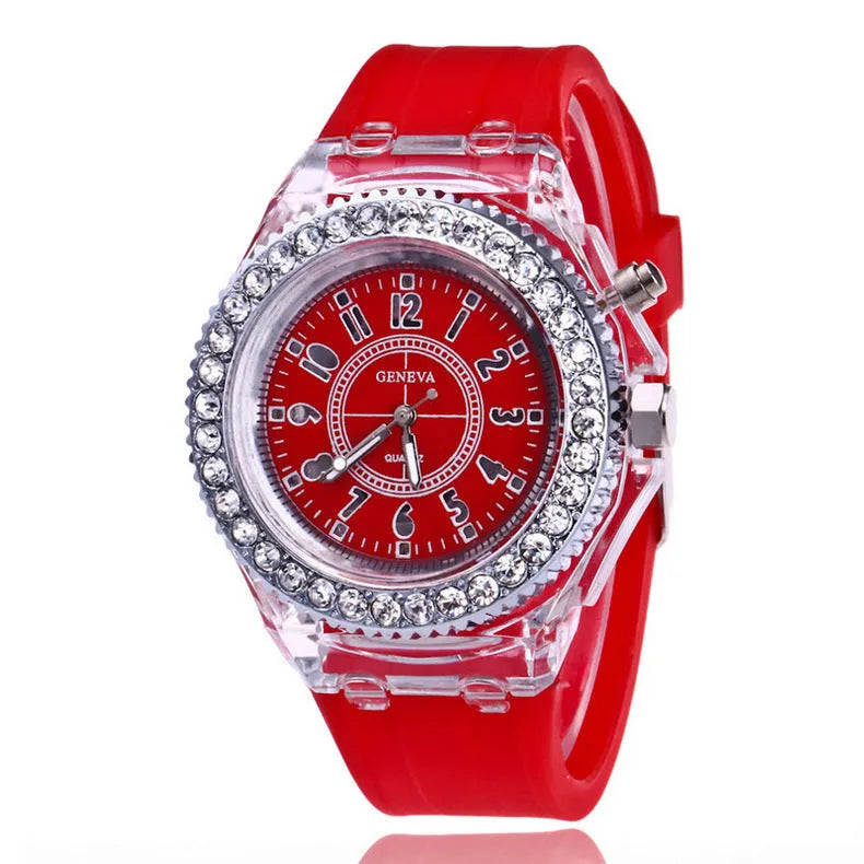 Women's LED luminous quartz watch with round 43mm alloy case and colourful silicone strap options.