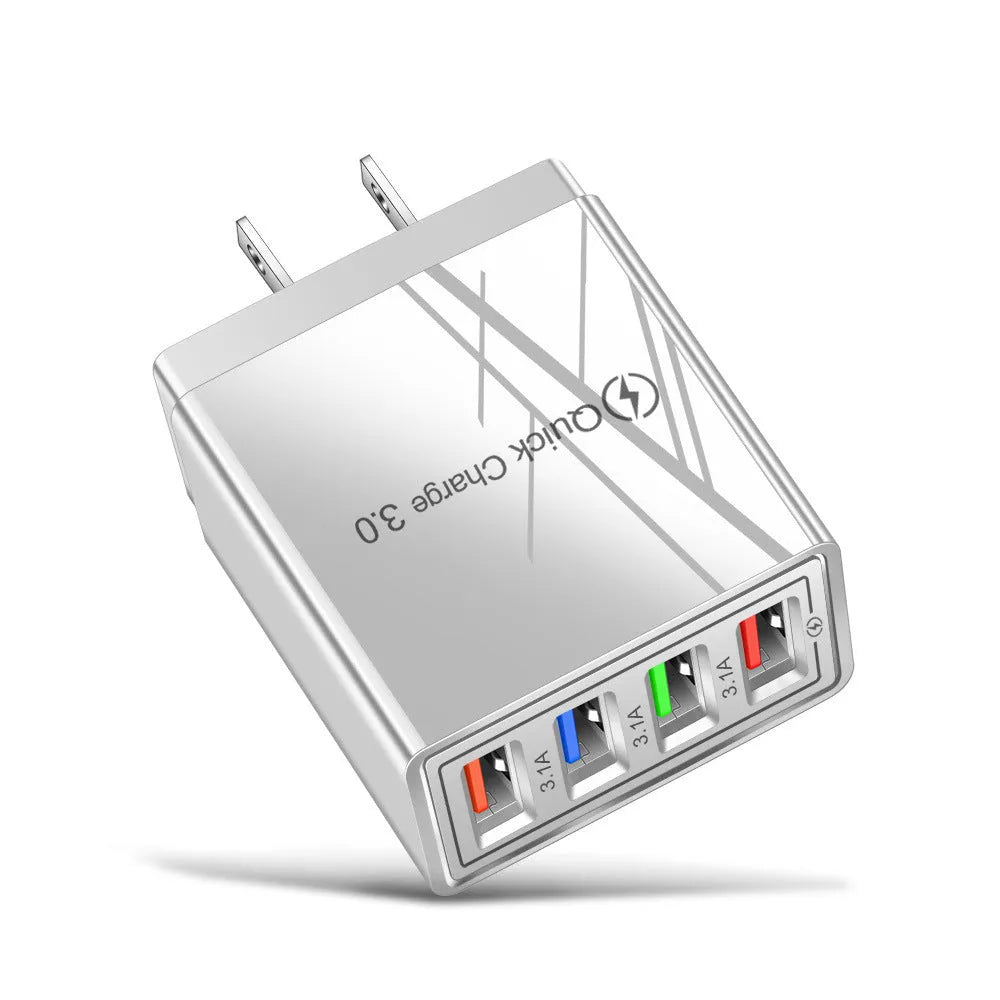 Simple Luminous 4-port USB mobile phone charger with LED light and international plug options