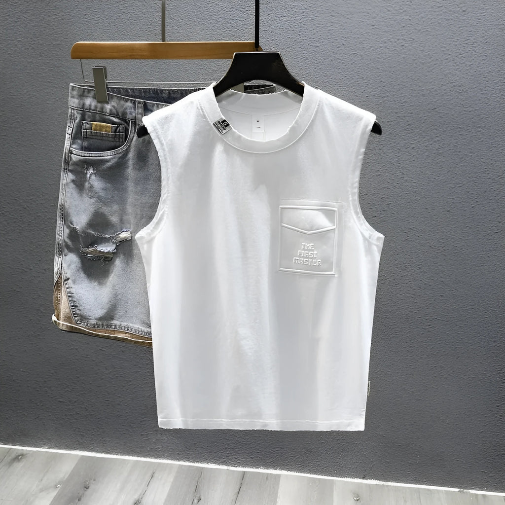 A black loose-fit cotton sleeveless t-shirt with a straight hem, laid flat.