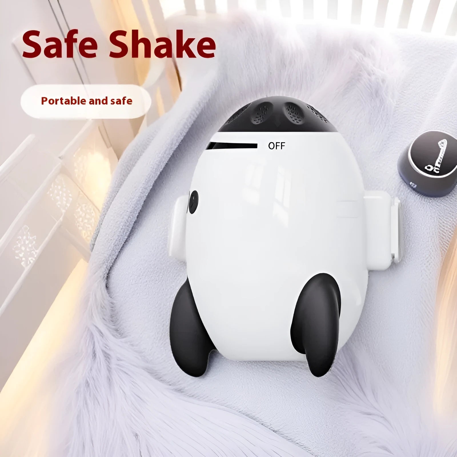 White ABS plastic baby sleep comforter device showing automatic shaking and Bluetooth features for nursery use.
