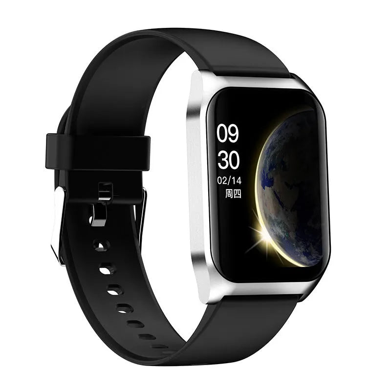 Black smart watch with 1.69-inch screen and silicone strap on wrist