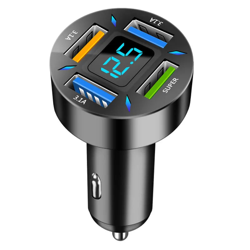 Four-port USB car charger with digital display for vehicle use