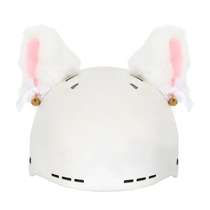 A plush fabric cartoon character helmet hat cover with attached ears on a white background.