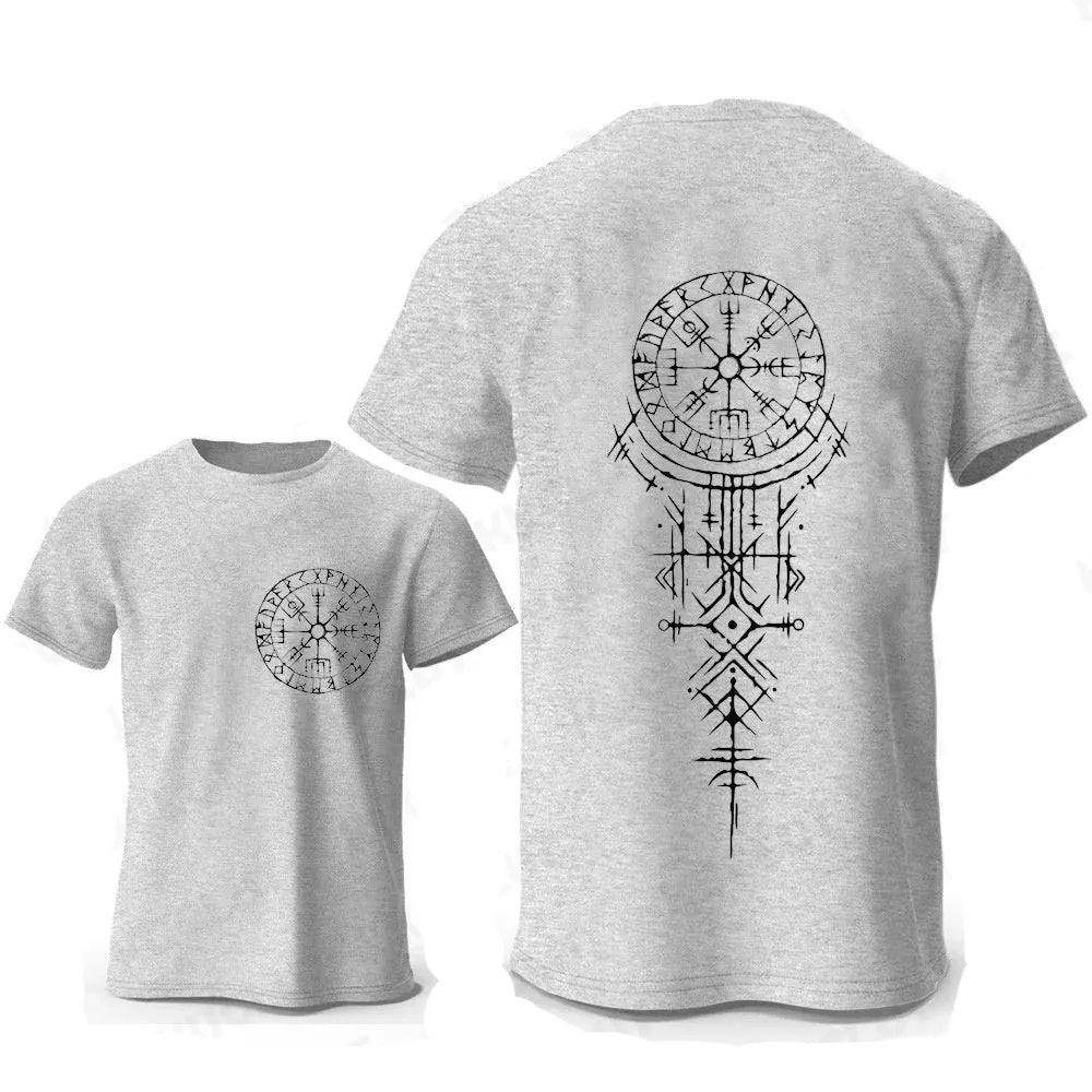 Men's grey T-shirt with a white Viking rune compass graphic on the chest